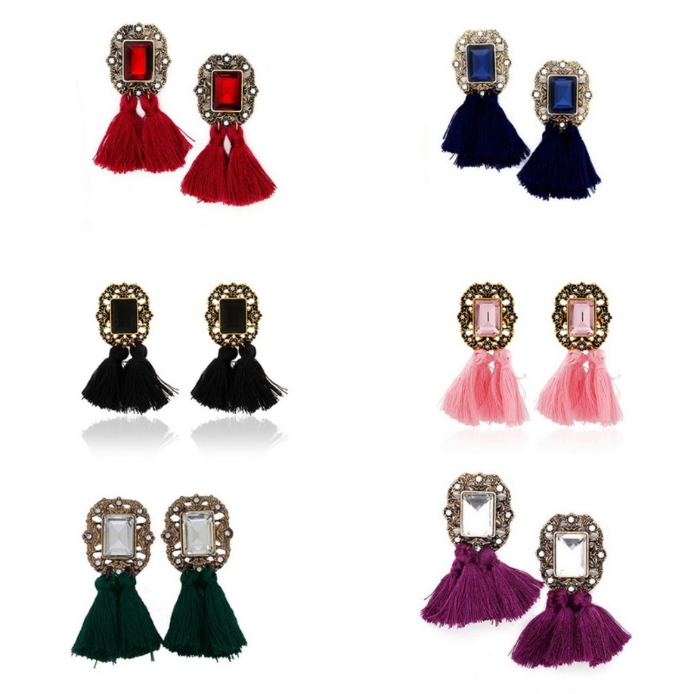 Purple Fringe Tassel Gemstone Stud Dangle Earrings - Picture 2 of 7